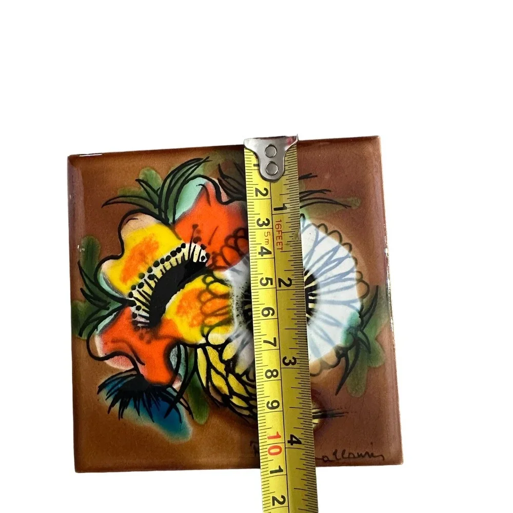 Vintage Ceramic Matchbox Tile Floral 4 Matchbooks Handmade 70's‎